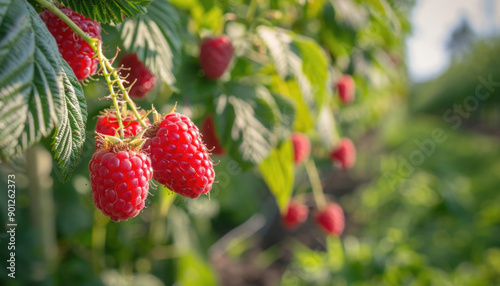 Raspberries ripen on a bush in a garden with strawberries, berries, and salmonberries
