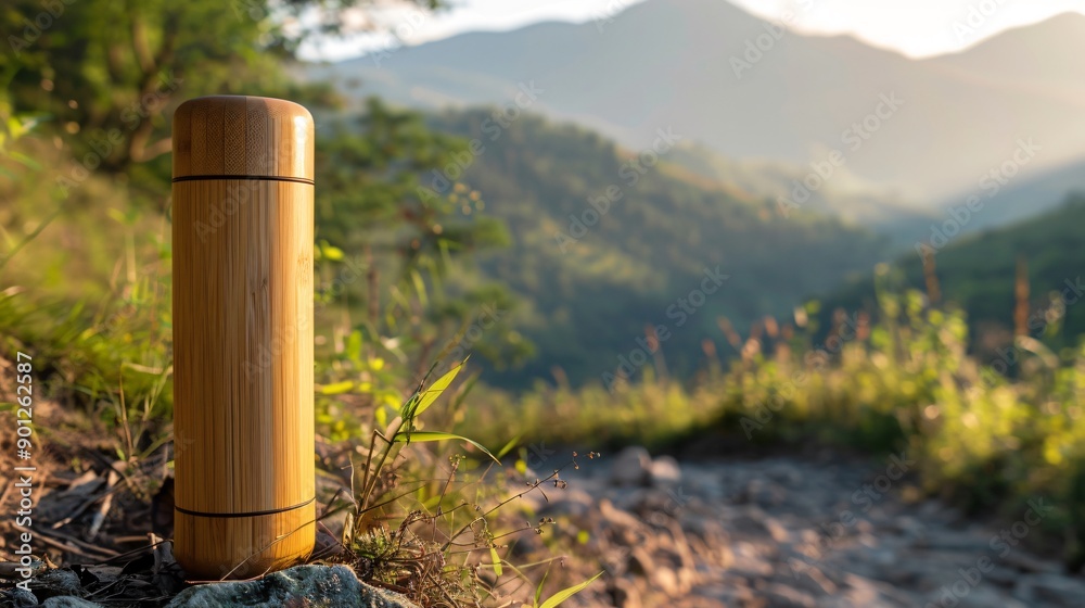 A sleek bamboo water bottle on a hiking trail with a scenic background A sleek bamboo water bottle on a hiking trail with a scenic background