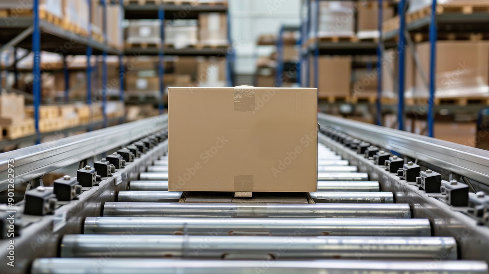 cardboard box on conveyor belt in warehouse cardboard box on conveyor belt in warehouse