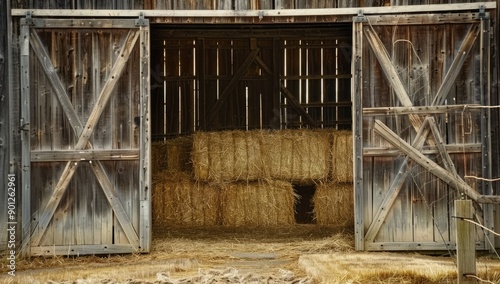 Barn Door Opening to Stacked Hay Bales photo