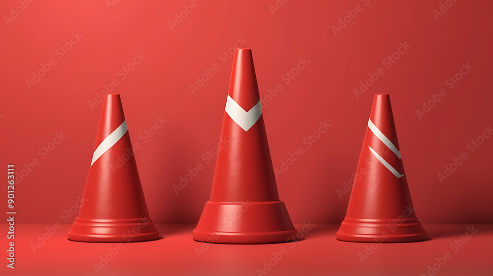 An set of red marker cones placed in a red isolated background with copy space An set of red marker cones placed in a red isolated background with copy space