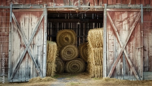 Barn Door Opening to Stacked Hay Bales photo