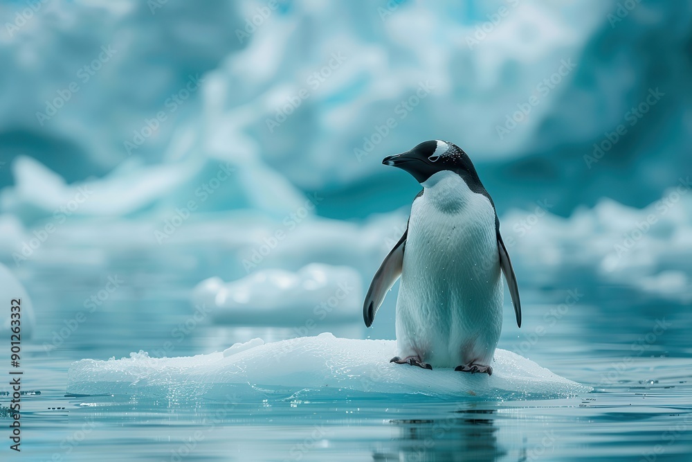 Fototapeta premium Penguin amidst a melting polar ice landscape.