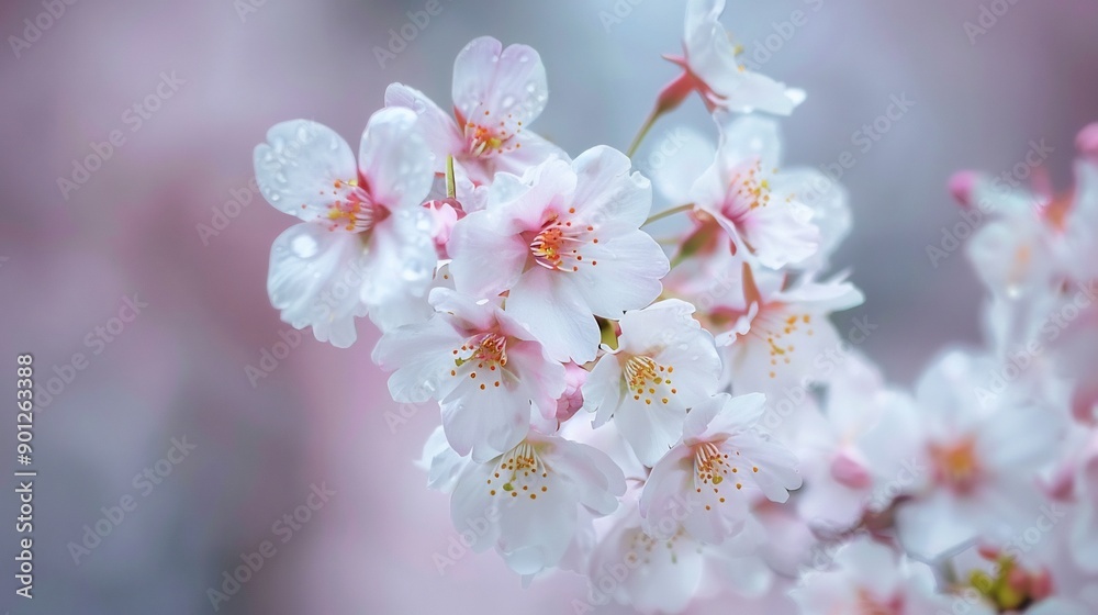 Delicate Pink Cherry Blossoms with Dew Drops Delicate Pink Cherry Blossoms with Dew Drops