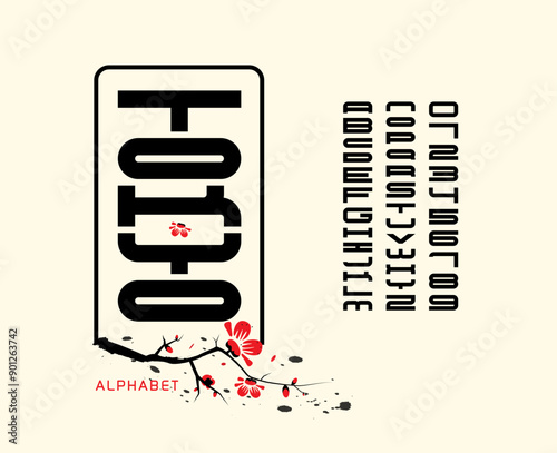 Asian font and alphabet from English letters and numbers. Modern Asian vector alphabet or typeface in Japanese, Chinese and Korean oriental styles.