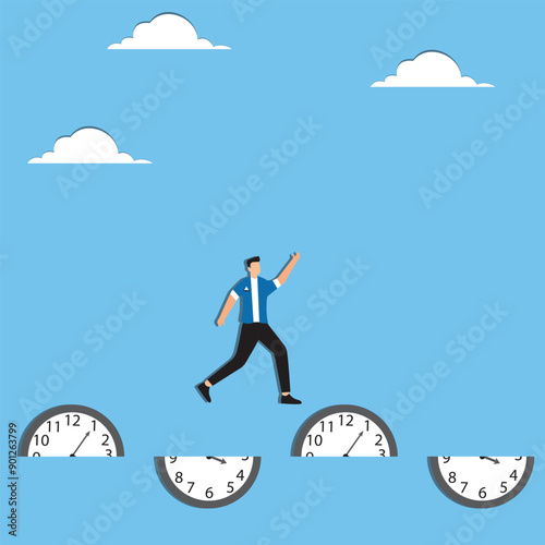 Time run out, deadline or hurry to go to the office late, urgency or determination to finish work fast, stressed or anxiety to complete work concept, hurry businessman run fast on time run out clock