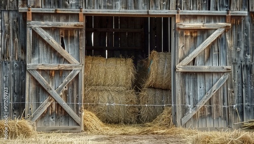 Rustic Barn Interior with Hay Bales photo