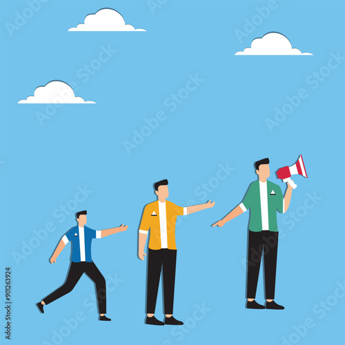 Leadership for team direction, success strategy, lead team to achieve goal, inspiration or motivate employee, manager or company mission concept, businessman leader megaphone pointing team direction