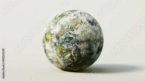 A dirty, green and white ball sits on a white surface photo