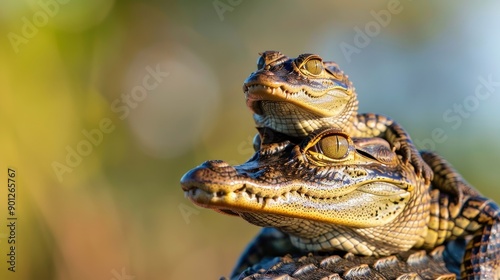 Cuddly Caiman Companions, Baby caiman crocodiles basking on their large mother, showcasing a heartwarming moment of wildlife interaction in a serene natural setting. © Gasi