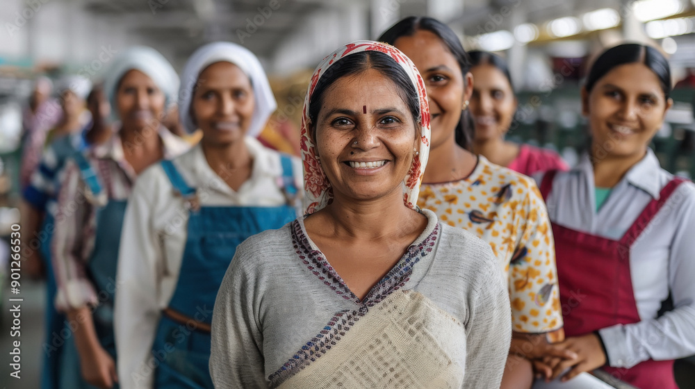 Fototapeta premium happy indian women working at textile factory