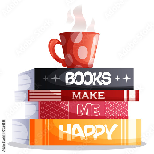 Coffee Mug on a Book Stack - Books Make Me Happy Vector Art  