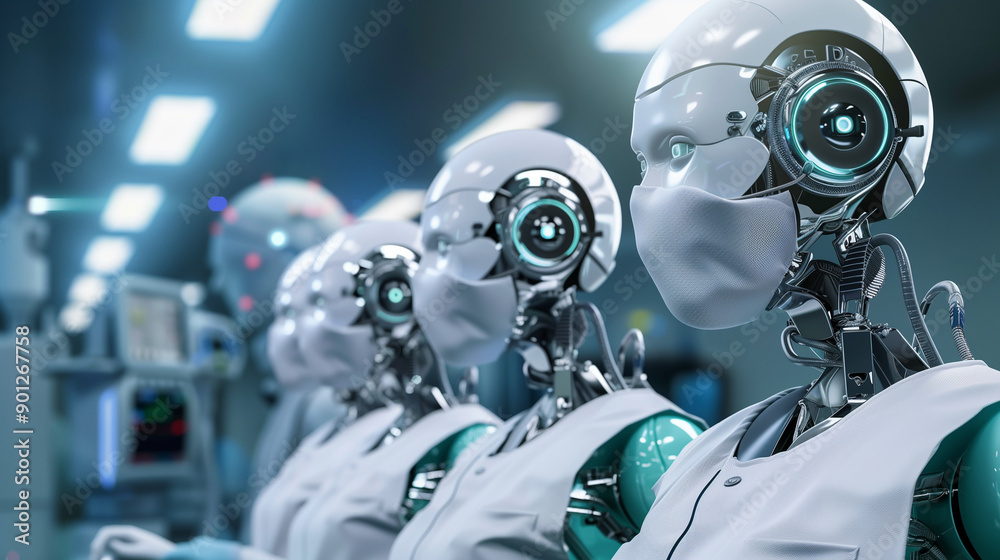 Fototapeta premium AI-Powered Humanoid Robots Assisting in Complex Surgical Procedures with Precision and Advanced Medical Knowledge