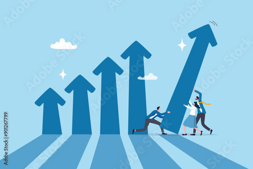 Teamwork to help business growth, team success or increase performance, improvement or growing business, career growth or effort to succeed concept, business people team help build growth graph chart.