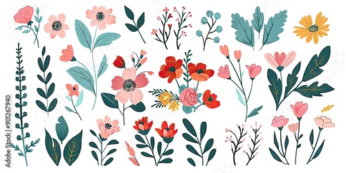 Colorful Flower Illustrations on White Background