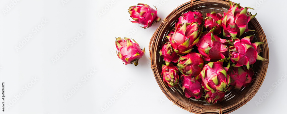A top-down view of a wooden basket filled with fresh organic dragon fruits, with plenty of text space on a clean, white backdrop. A top-down view of a wooden basket filled with fresh organic dragon fruits, with plenty of text space on a clean, white backdrop.