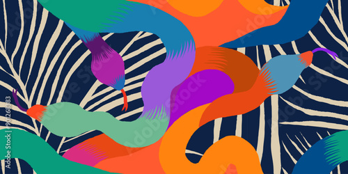 Exotic hand drawn leaves and snakes pattern. Dynamic tropical print. Fashionable template for design. 