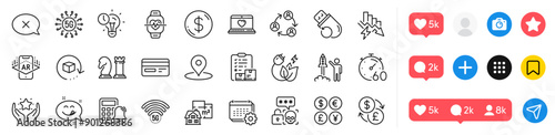 5g wifi, Currency exchange and Ranking line icons pack. Social media icons. Green energy, Yummy smile, Dollar money web icon. Web love, Chess, Cyber attack pictogram. Vector