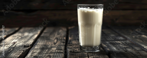 Obraz na płótnie Fresh milk in a glass on a black wooden background, with subtle shadows. The rich texture of the wood enhances the creamy white color of the milk. w salonie