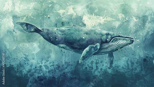 Giant Whale Swimming Ocean Background Watercolour Illustration Marine Life Underwater Scene Aquatic Mammal Sea Creature