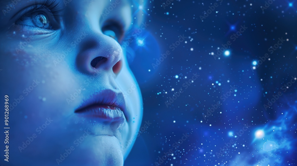 A child's contemplative face gazes into a vast, starry universe, evoking wonder and curiosity about the cosmos. A child's contemplative face gazes into a vast, starry universe, evoking wonder and curiosity about the cosmos.