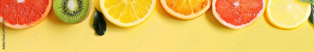 sliced fruits on yellow background. sliced fruits on yellow background.
