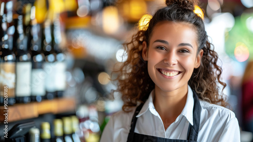 Joyful woman bartender serving customers in a lively bar during late afternoon