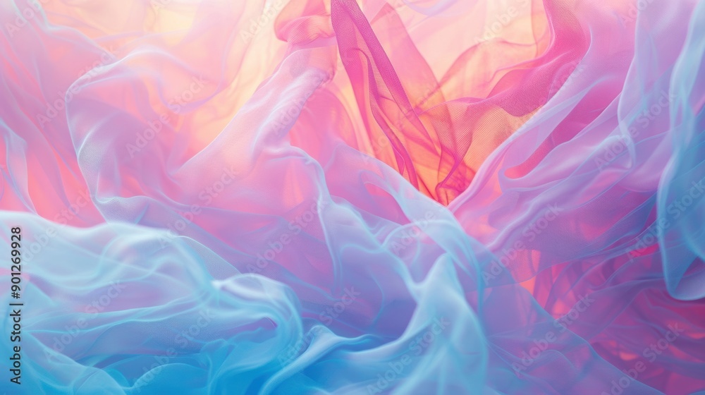 Obraz premium An abstract image featuring flowing pastel fabrics in soft pink, blue, and purple hues, creating a dreamy and ethereal effect.