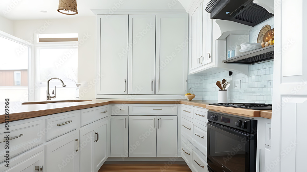 Fototapeta premium A stylish kitchen featuring a sleek oven range hood.