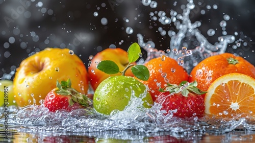 A vibrant assortment of fresh fruits, including apples, strawberries, and oranges, splashing in water with droplets suspended mid-air.