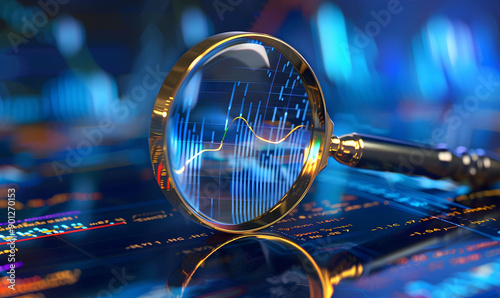 Wallpaper Mural A magnifying glass over an array of financial charts and graphs, symbolizing stock market analysis and business research. Torontodigital.ca