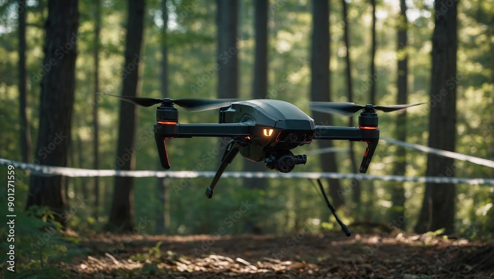 Naklejka premium A drone flying in the forest