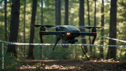 A drone flying in the forest