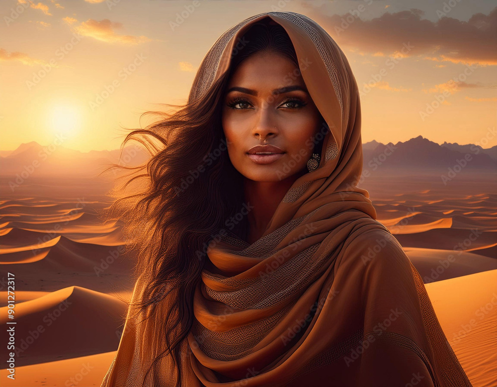 Portrait of a woman in the desert at sunset, capturing the beauty of the landscape and the warmth of golden hour in a serene Portrait of a woman in the desert at sunset, capturing the beauty of the landscape and the warmth of golden hour in a serene