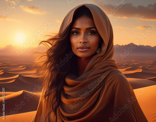 Portrait of a woman in the desert at sunset, capturing the beauty of the landscape and the warmth of golden hour in a serene