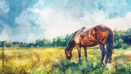 Horse Grazing Field Farm Background Watercolor Illustration Domestic Animal Pasture Rural Scene Countryside Summer Landscape