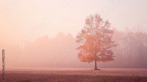 A solitary tree in a misty morning field, creating a serene and tranquil atmosphere with soft light and muted colors.
