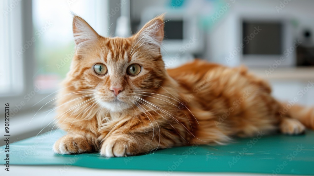 An adorable ginger cat with green eyes relaxing on a mat indoors, capturing a moment of calm and comfort. An adorable ginger cat with green eyes relaxing on a mat indoors, capturing a moment of calm and comfort.