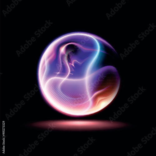 Vector. Technological abstract 3d background. Bright transparent fiery sphere made of plasma. Spectacular realistic image.