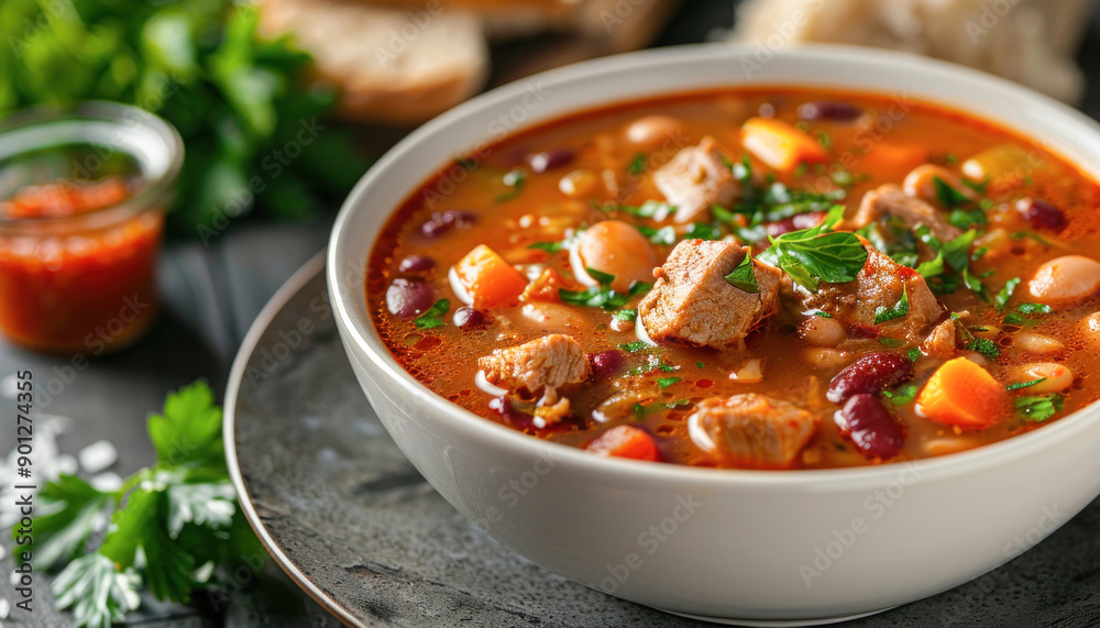 A bowl of soup with meat, beans, carrots, and parsley on a plate is a satisfying meal A bowl of soup with meat, beans, carrots, and parsley on a plate is a satisfying meal