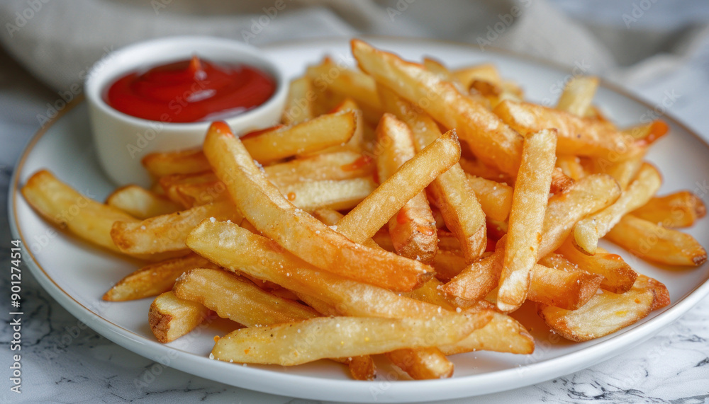 A serving of French fries topped with ketchup is arranged on a clean white plate A serving of French fries topped with ketchup is arranged on a clean white plate