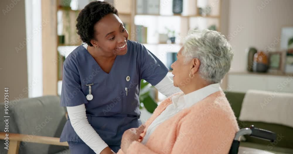 Talking, caregiver and senior woman in wheelchair at retirement home for healthcare, support and trust. Nurse, patient and person with a disability with medical service for checkup, care and happy