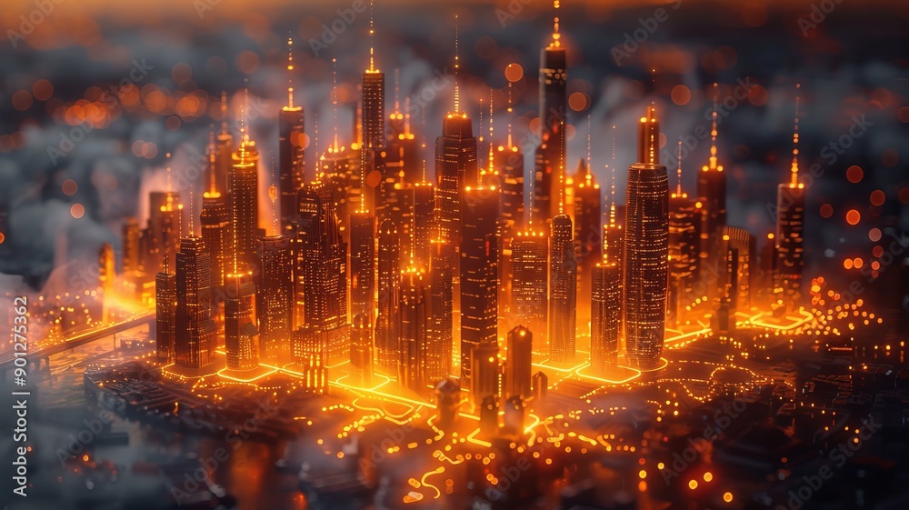 Fototapeta premium Smart city model with interconnected buildings and infrastructure. Generative AI