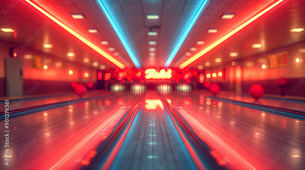 Red And Blue Neon Lights Illuminate An Empty Bowling Alley Lane. Generative AI Red And Blue Neon Lights Illuminate An Empty Bowling Alley Lane. Generative AI
