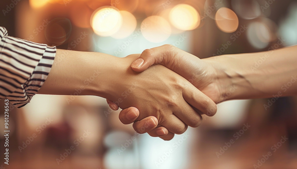 Two individuals at a restaurant shake hands to symbolize friendship and consensus Two individuals at a restaurant shake hands to symbolize friendship and consensus
