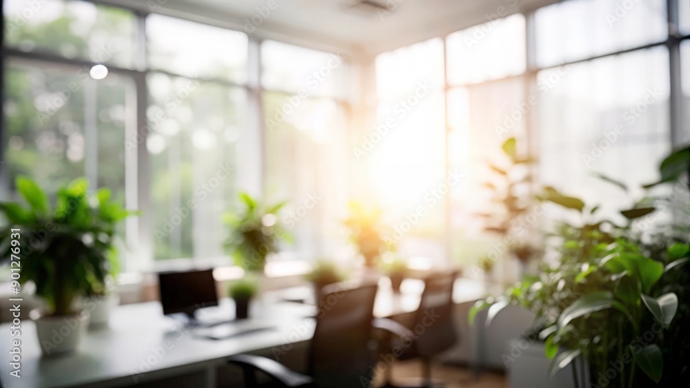 Fototapeta premium Greenery and Sunlight in a Blurred Office Space with Eco-Friendly Vibe 