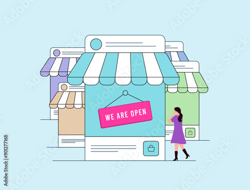 Growing and opening online shops in social media. Favorite brands with products open online shops on social networks. Social selling digital marketing strategy for business. Vector illustration