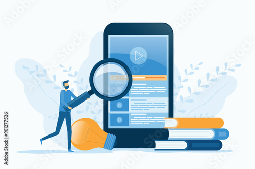 flat vector technology business research and learning with online video training, tutorial podcast and a man hold  magnifying glass concept