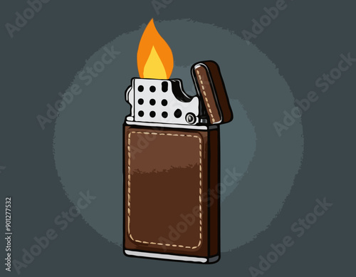 Steel Lighter in Leather Case as Portable Device for Igniting Cigarette and Generating Flame Vector Illustration