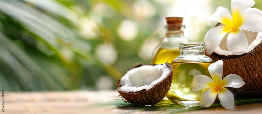 Coconut Oil With Flowers on Wooden Surface Coconut Oil With Flowers on Wooden Surface